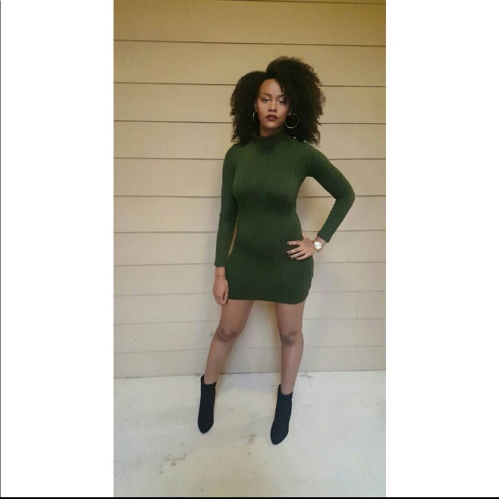 Olive Green Turtleneck Sweater Dress